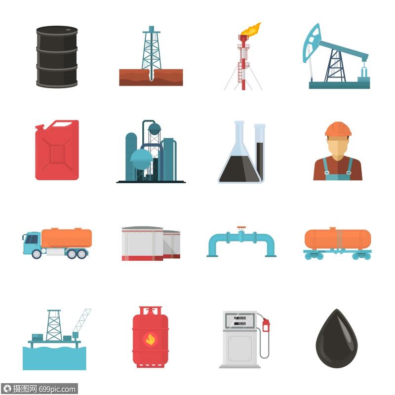 石油工业图标集石油天然气工业图标与发电厂容器罐子抽油机车辆矢量